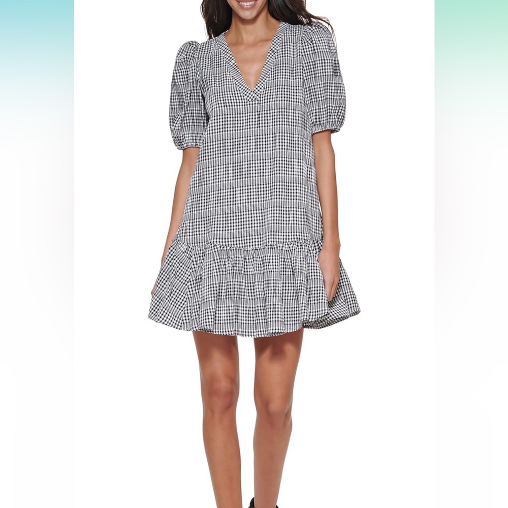 Calvin Klein Black and White Gingham V-Neck Puff Sleeve Dress